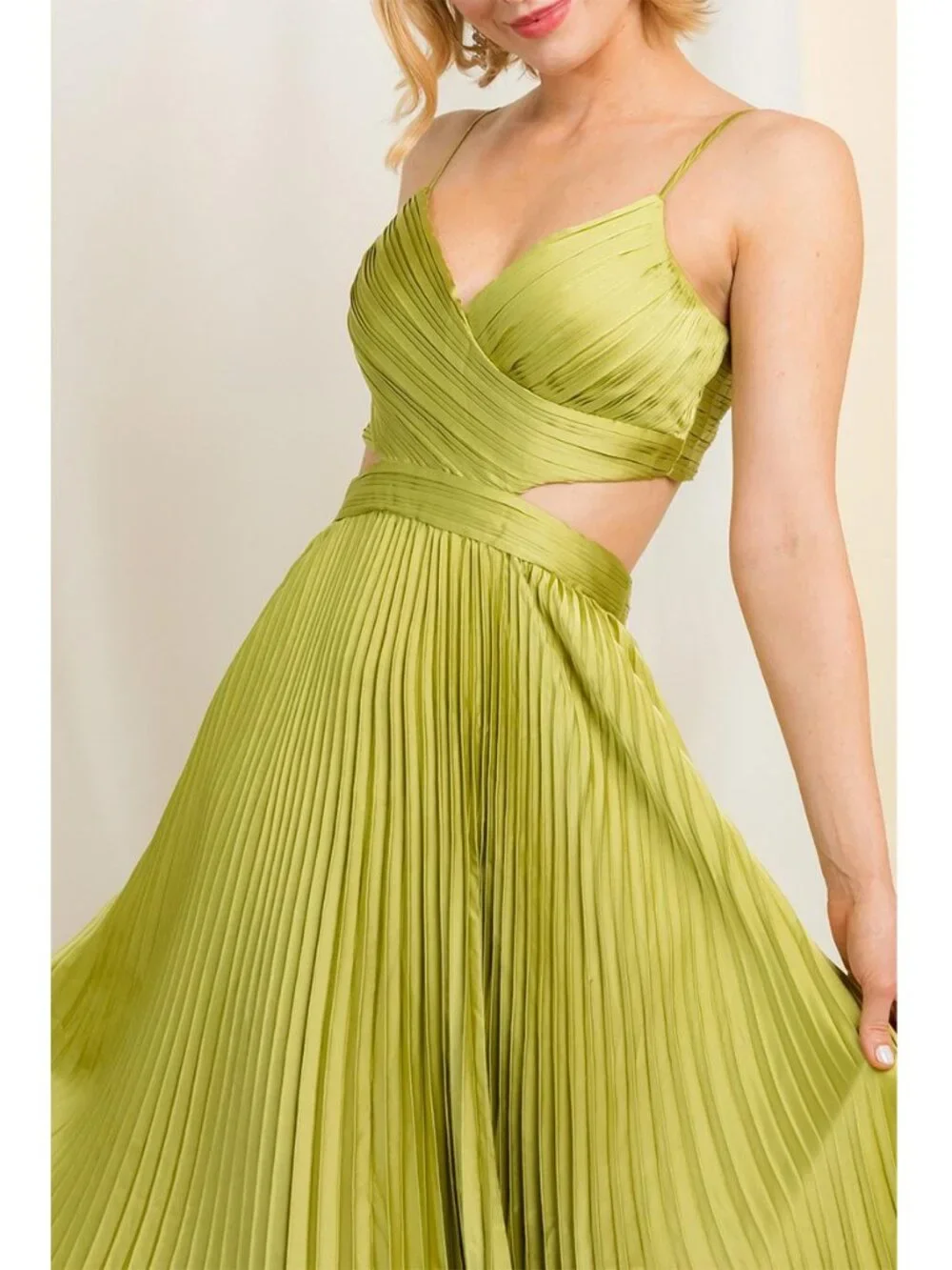 Lime Green Pleated Cutout Formal Wedding Party Maxi Dress 12